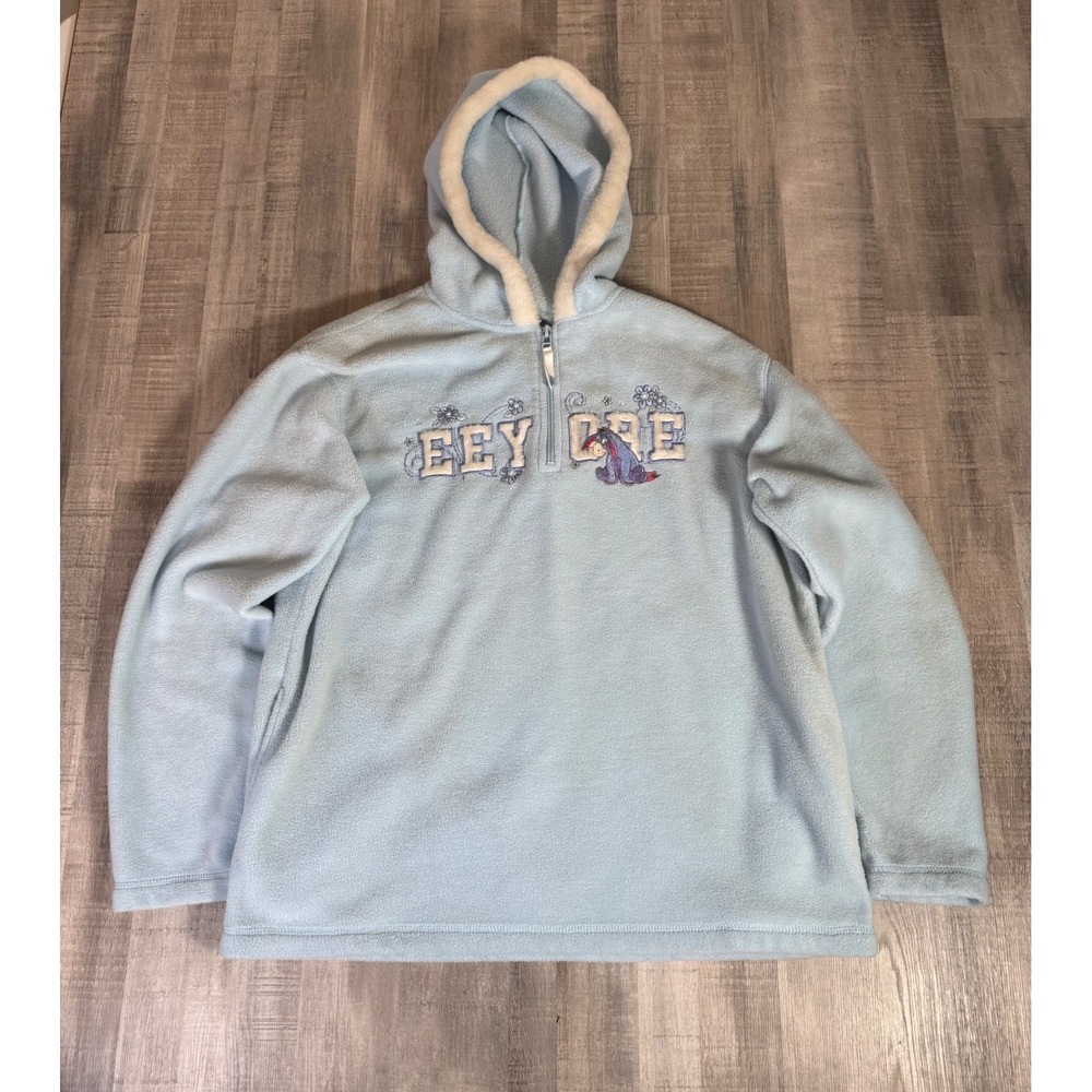 Disney Eeyore Quarter Zip Fleece Hoodie Blue Faux Fur Trim Medium AT2829